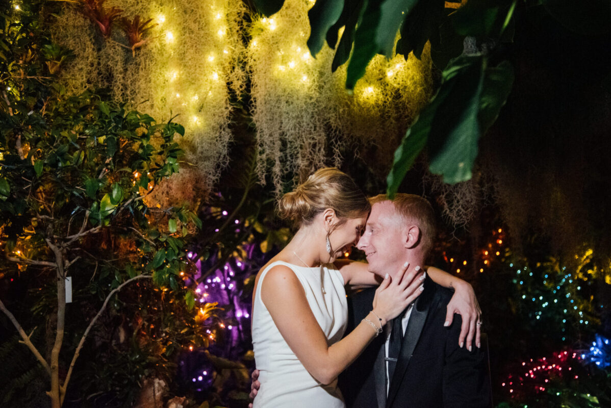 Bride and groom - Lights at Highland Park Conservatory